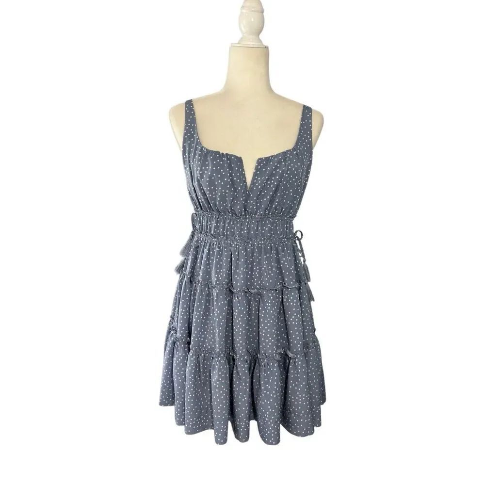 Mustard Seed fit and flared blue and white polka dot sleeveless dress with squar